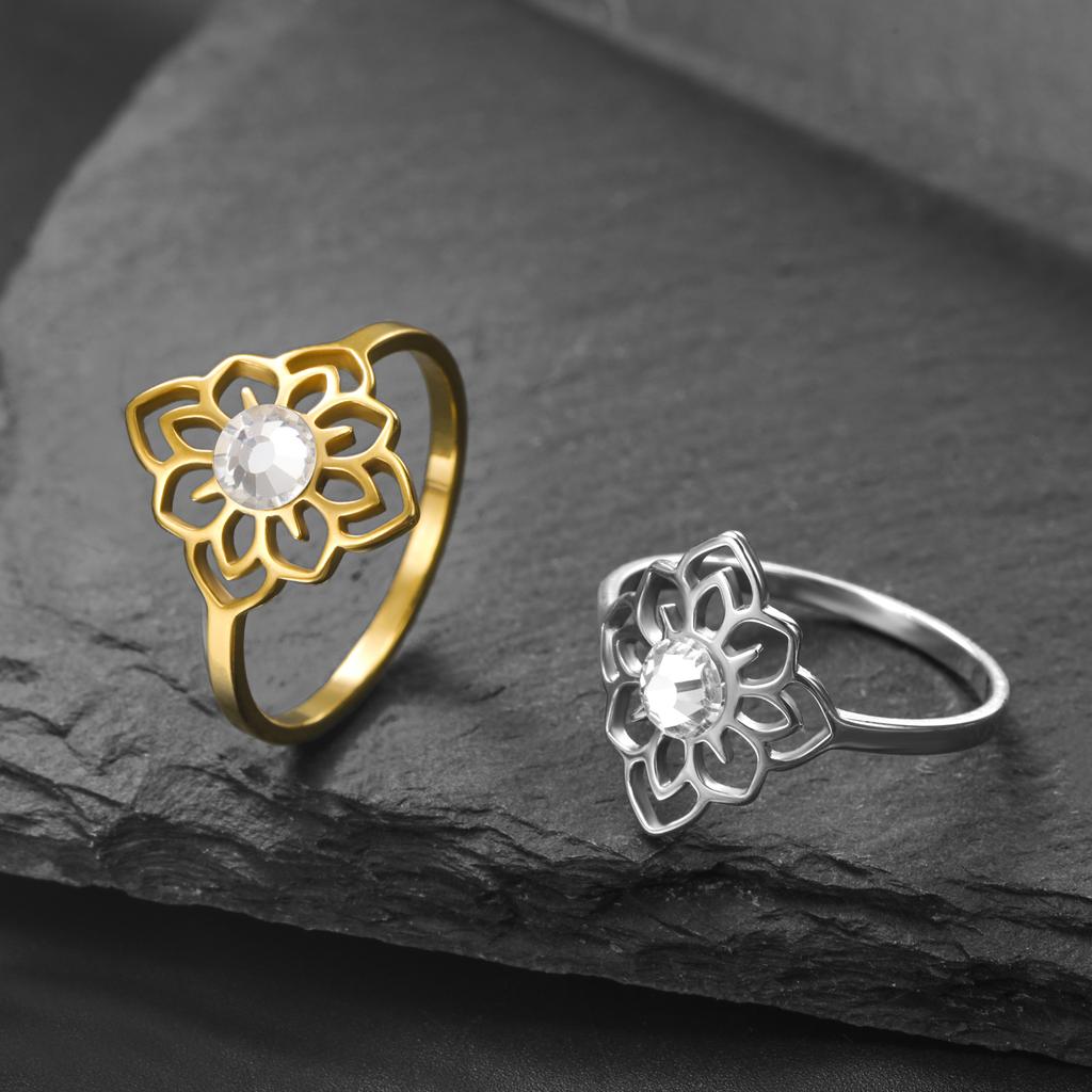 Fashion Hollow Lotus Ring with Transparent Rhinestone Flower of Life Stainless Steel Women's Ring Couple Ring Jewelry Gift