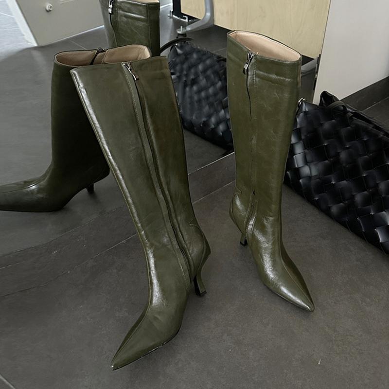 

Модные Liyke Высококачественные Мягкие Уютные Кожаные Ботильоны с Острым Носком до Колена Женские Модные На Молнии Осенне-Зимние Низкий Каблук Женская Обувь Ботильоны 35 зелёный