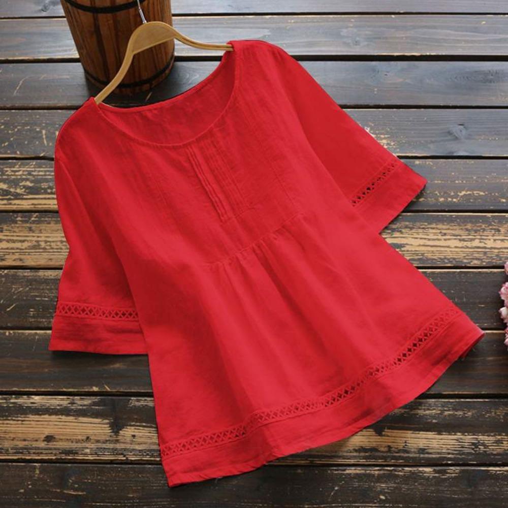 Women's Retro Casual Petticoat Summer Solid Color Cotton Linen Top Half Sleeve Round Neck Splicing Shirt Hollow Top