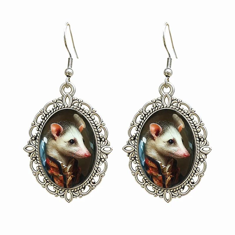 Creative Mismatched Lady And Gentleman Opossum Earrings Gothic Oval Glass Possum Earrings Jewelry