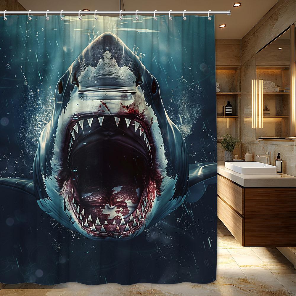 Polyester Shark Shower Curtain Waterproof Bathroom Liner Men's Decor Scary Jaws Caveman Art Shower Curtain for Modern Home