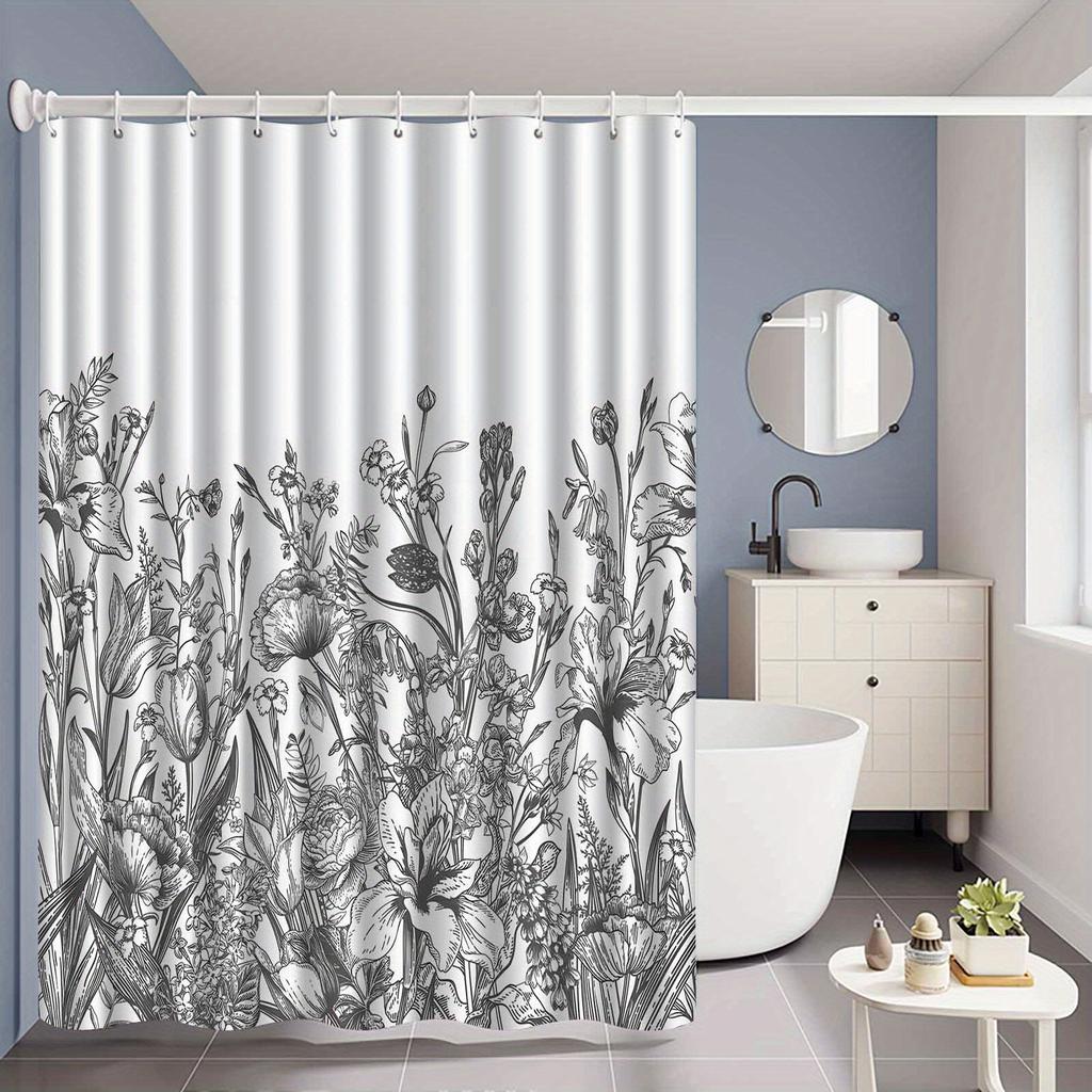 1Pc Black And White Botanical Patterned Shower Curtain, Made Of Polyester, Machine Washable, Suitable For Bathroom Dcor.