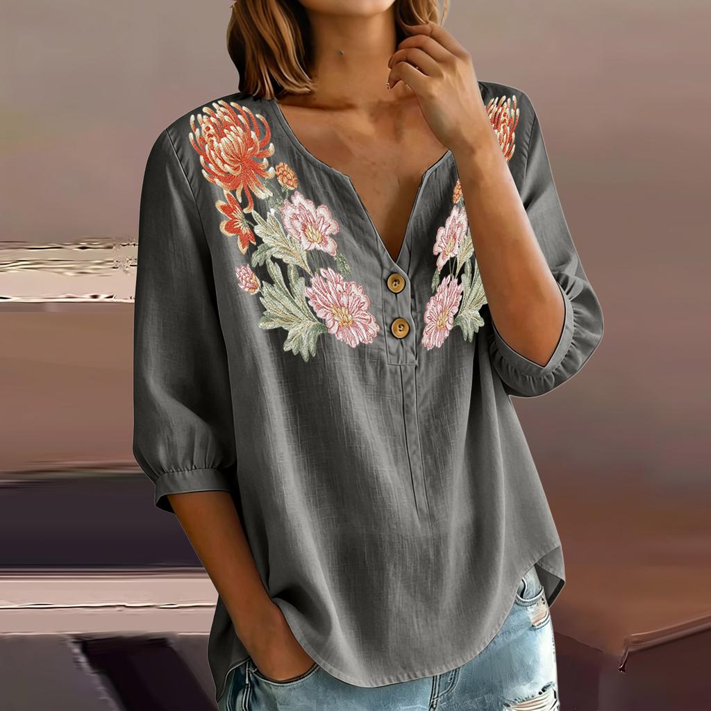 Damen Blumenstickerei Henley-Kragen Knopfleiste Hemd Dreiviertelarm Baumwolle Leinen Oberteil Lässige Bluse