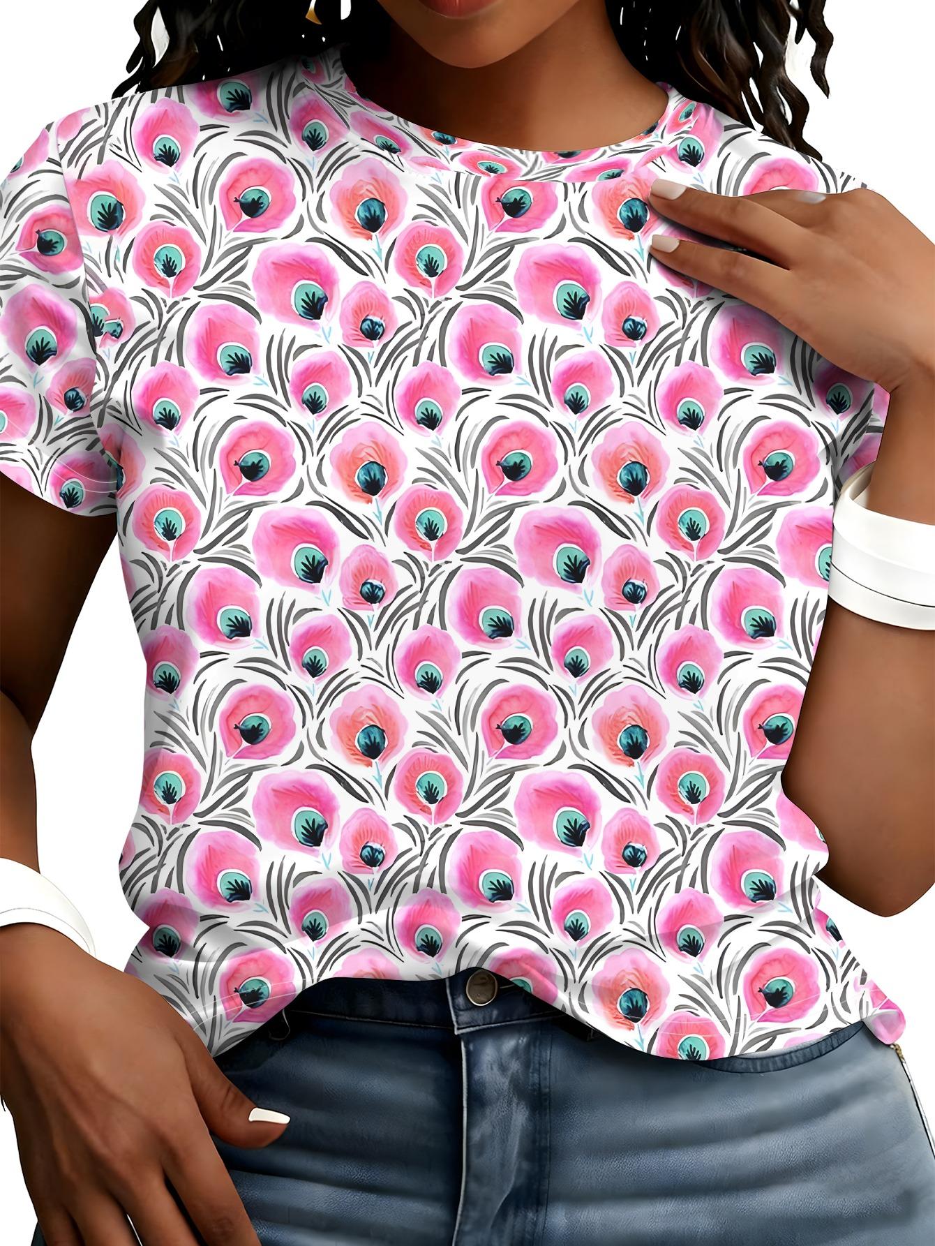 [Printed Design- No Texture] Pink Mist Poppy T-Shirt. White Base with Fresh Contrasting Floral Print. Loose Fit Short Sleeve Top 3XL дубильная кора