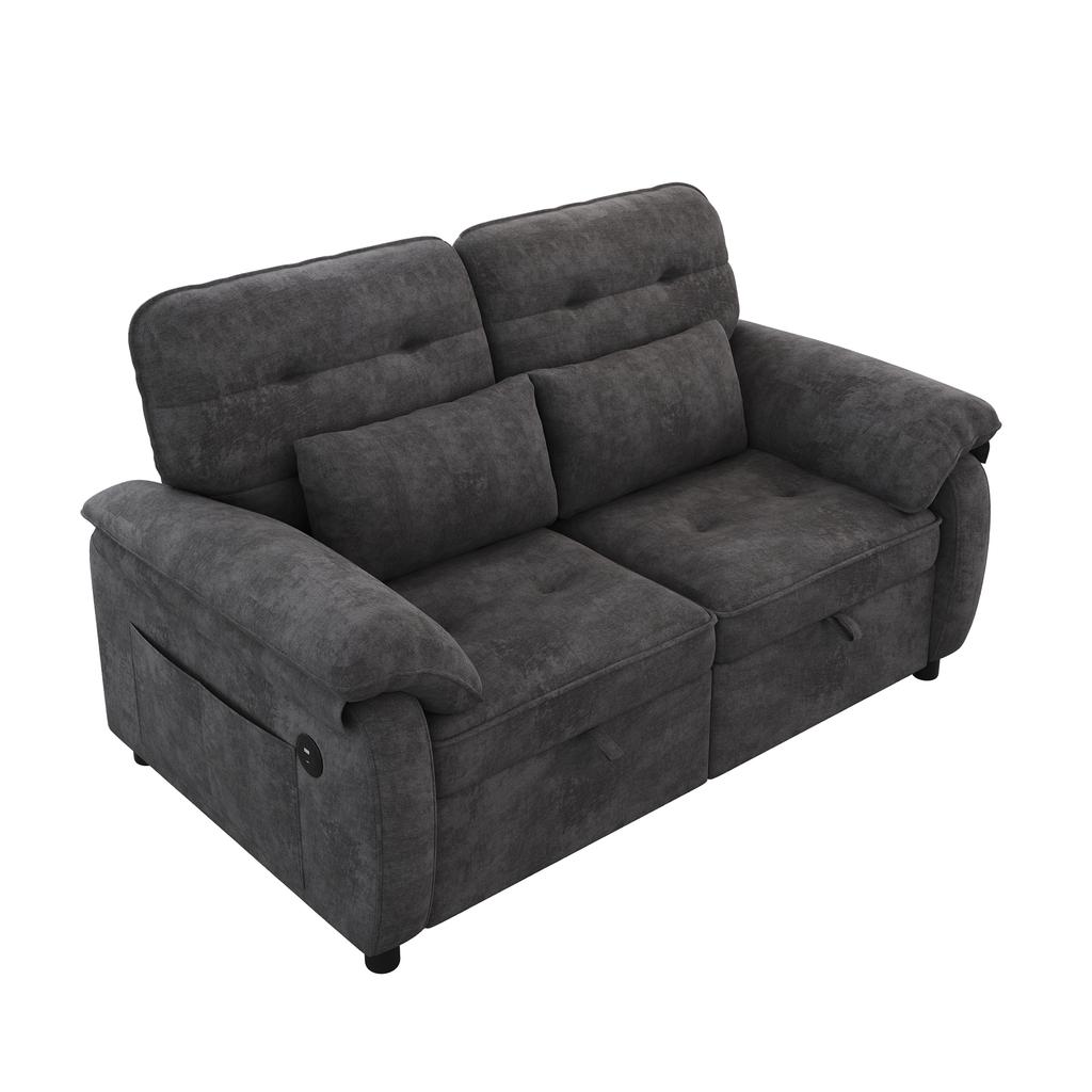 3-in-1 Double Sofa Bed with Adjustable Backrest and Bed Function, Convertible Sofa with USB Charging Port, Chenille Fabric, Grey, Incl. 2 Cushions