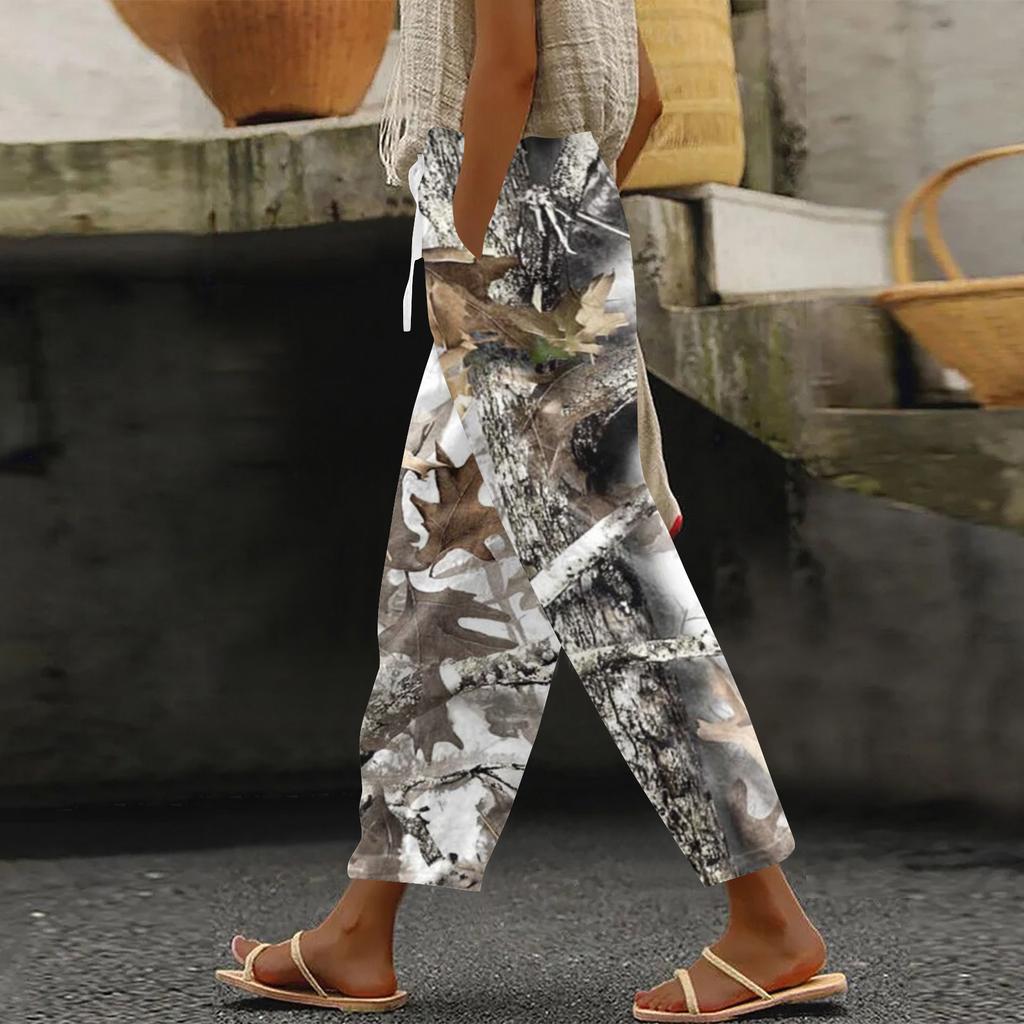 Women's fashion printed drawstring pocket elastic waist casual pants