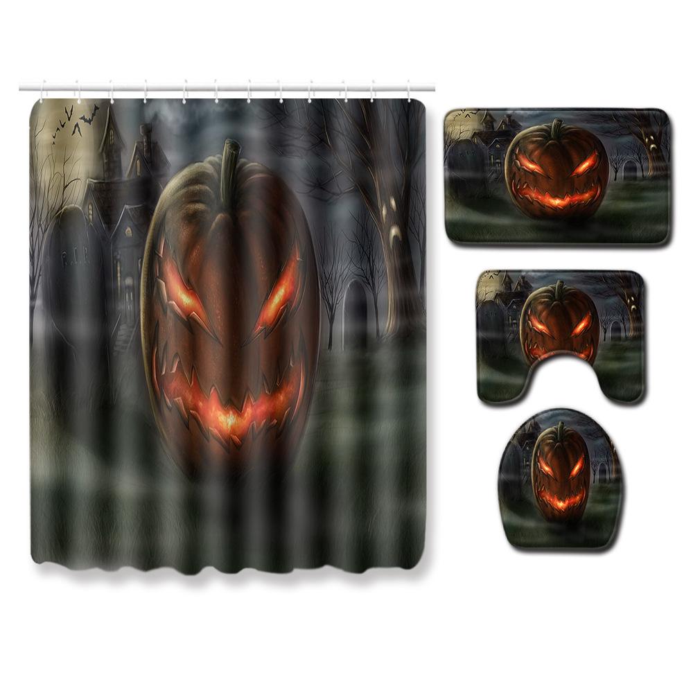 Halloween Shower Curtain Floor Mat Combination Four-Piece Set Bathroom Toilet Carpet Shower Room Foot Mat