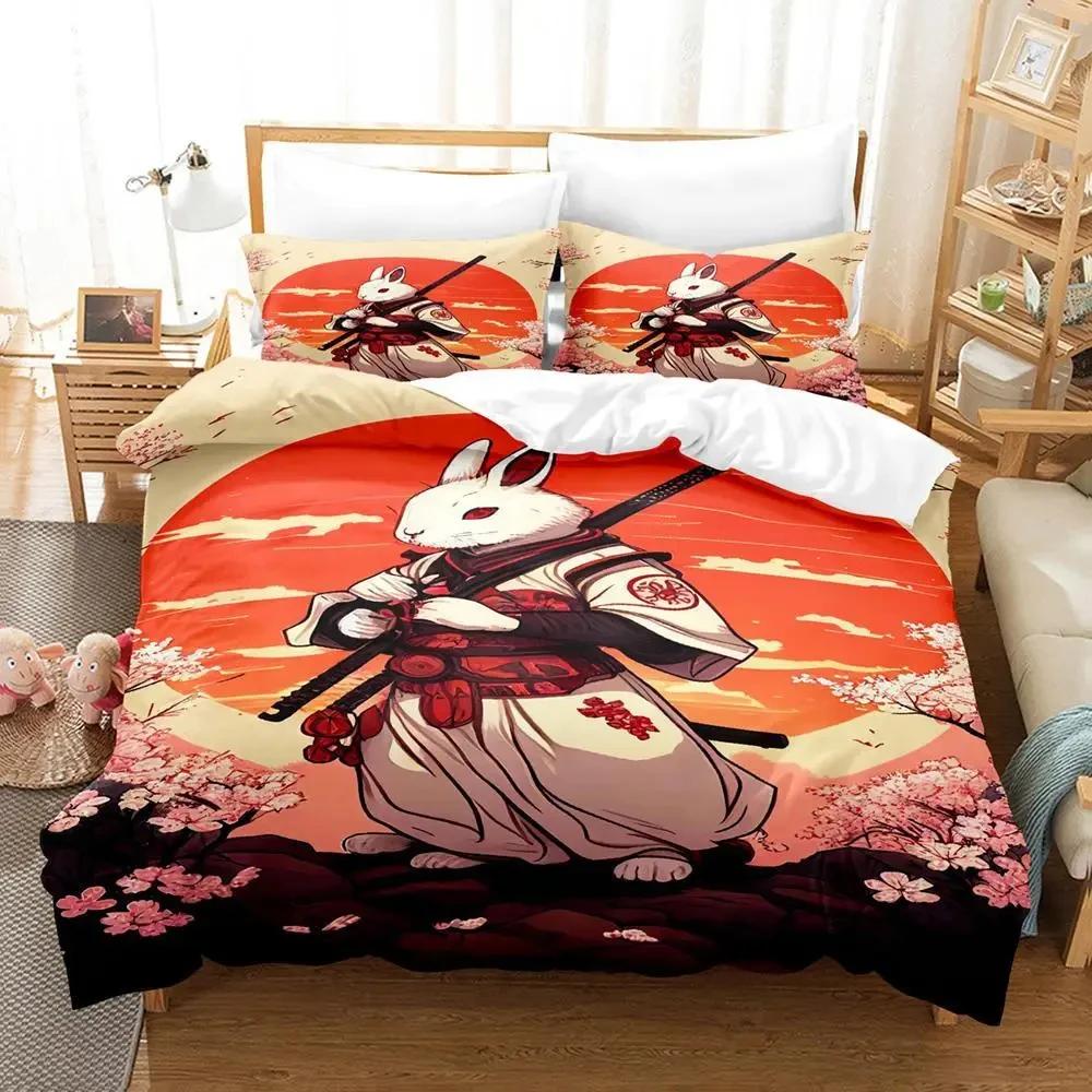 Anime Samurai Rabbit Bedding Set Boys Girls Twin Queen Size Duvet Cover Pillowcase Bed Kids Adult Fashion Home Textileextile