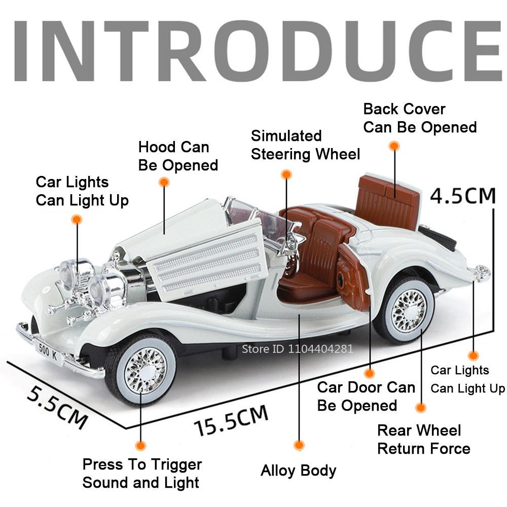 1:32 500k 300sl Model Toys Diecast Alloy Vintage Car Sound Light Pull Back Doors Opened Ornament Collectable Gift Adult Childre