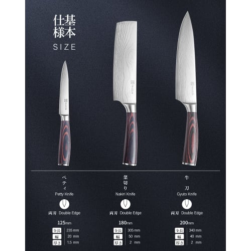 PAUDIN 3-Piece Chef's Knife Set (Gyuto Knife, Vegetable Knife, and Petty Knife) - Double-Edged 5Cr15Mov High-Carbon Stainless Steel with Rust-Resistan