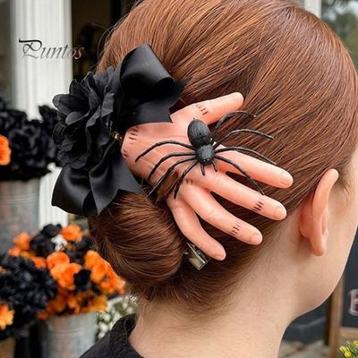 Spider Decoration Hairpin Halloween Hair Clip for Women, Girls, Realistic Severed Hand with Black Rose And Spider, Horror Accessory Party Bow