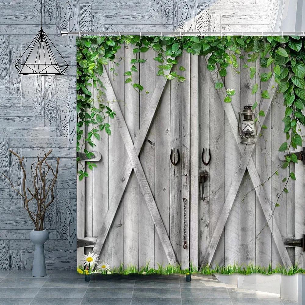 Old Wooden Door Shower Curtain Farm Barn Door Rural FarmHouse Decoration Polyester Fabric Bath Curtain Bathroom Accessories Set
