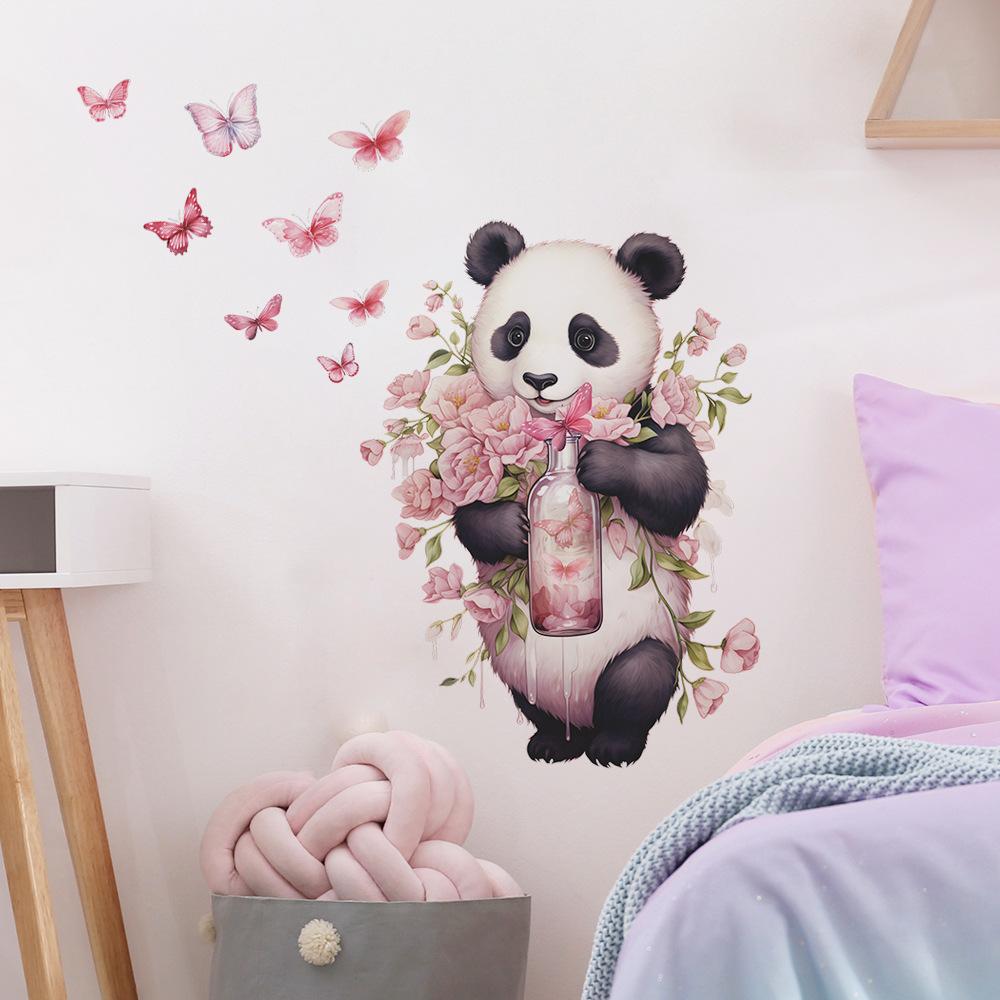Kreslená Panda Romantická Růže Motýl Dětská Ložnice Domácí Pozadí Dekorace Samolepka na Zeď