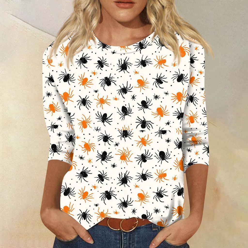Women's Fashionable Casual Three-Quarter Sleeve Halloween Print Round Neck Top