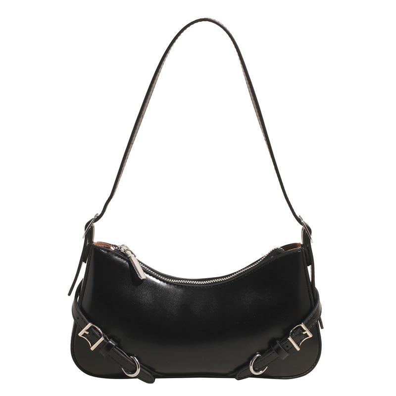 New Retro Solid Color Belt Zipper Fashion Shoulder Underarm Bag Premium Feeling Baguette Bag Messenger Bag