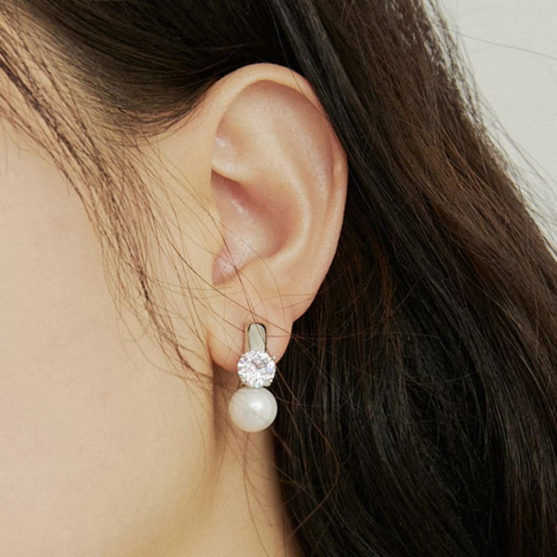 ADAUL Cubic stone pearl earring - silver