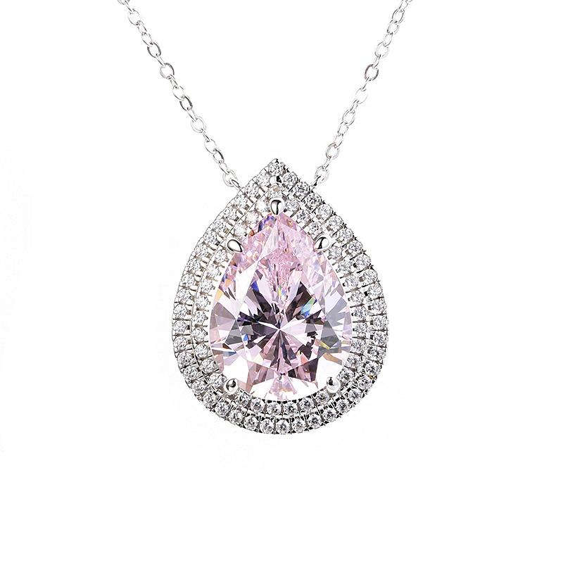 Fine Jewelry Rhodium Plated Elegant Aura 925 Sterling Silver Pear Teardrop Water Drop Pink 5A Zircon Pendant Necklace for Women
