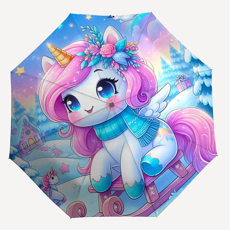 1PC Unicorn Winter Automatic Open/Close Umbrella with Windproof, 8-Rib Sturdy Canopy, Durable Ribs, Fashionable Design, Outdoor Accessory, Fun Prin, H