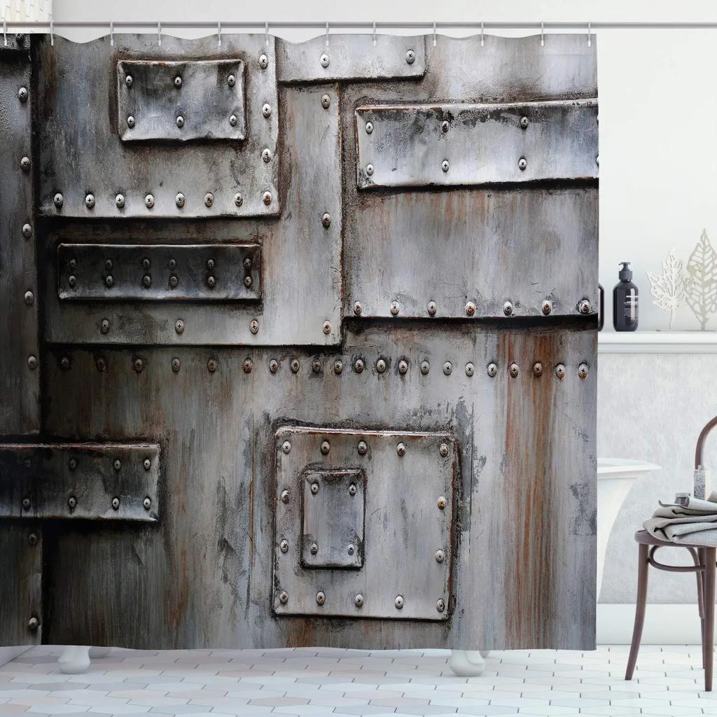 Průmyslový sprchový závěs, Steampunkový styl Antická mosazná kulatá upevňovací spona, Látkový koupelnový dekorační set s háčky