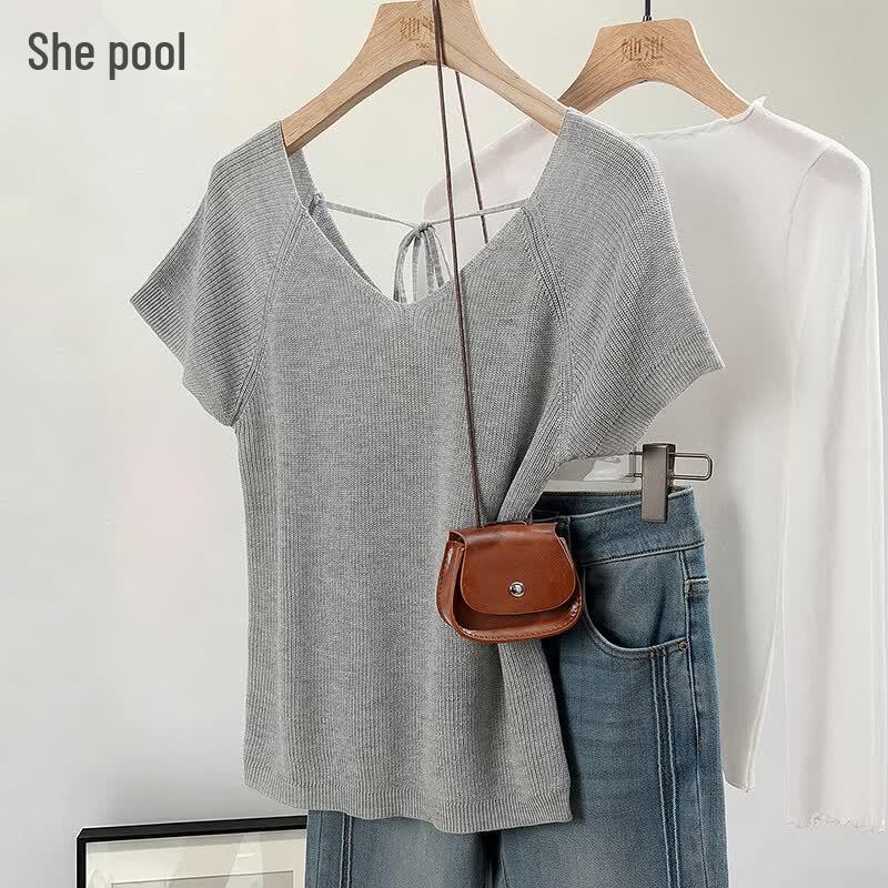Women s Slim Fit V-Neck Linen Blend Short Sleeve Knit T-Shirt S