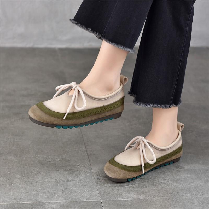 Johnature Soft Cowhide Women's Flat Shoes Genuine Leather Round Toe Mixed Colors Lace Up Casual Shoes