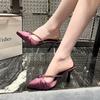 Spring and autumn new fashion pointed pleated rhinestone thin heel half slippers women wear satin high heels