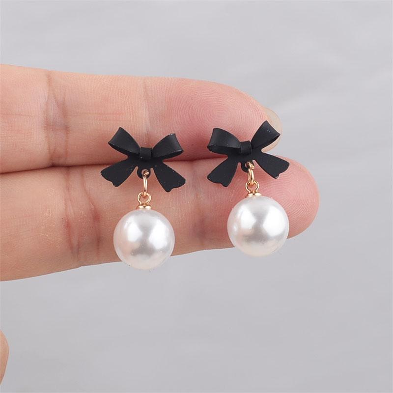 Black Red Bowknot Elegant Hanging Earrings Imitation Pearl Ball Pendants Korean Fashion Sweet Small Earrings Brincos 2025 New