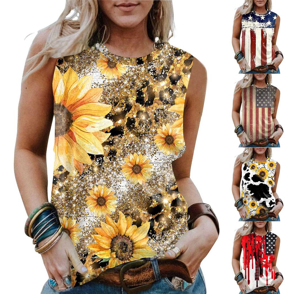 Women's Summer Tank Tops Casual Fashion Sleeveless Tank Top Oversized American Flag Print Tops Patriotic Independence Day Memorial Day