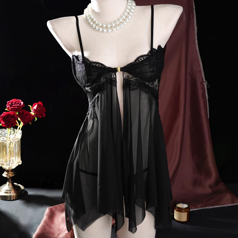 Women's Nightdress Sleepwear Lace with Panties Front Buttoned Steel Ring Mesh See-through Pajamas
