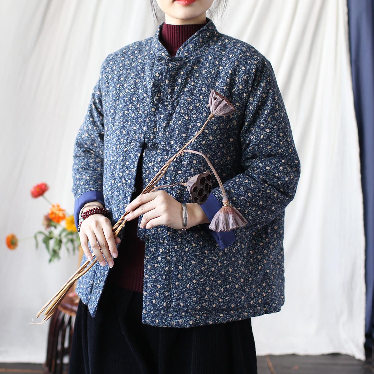 

Женская зимняя парка в китайском стиле с принтом, цветочным принтом, пуговицами, зимними карманами в винтажном стиле, теплая хлопковая подкладка One Size синий