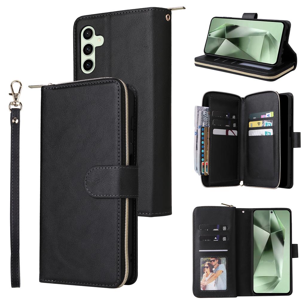 For Samsung Galaxy S24 FE Case Zipper Pocket PU Leather Phone Cover with Hand Strap