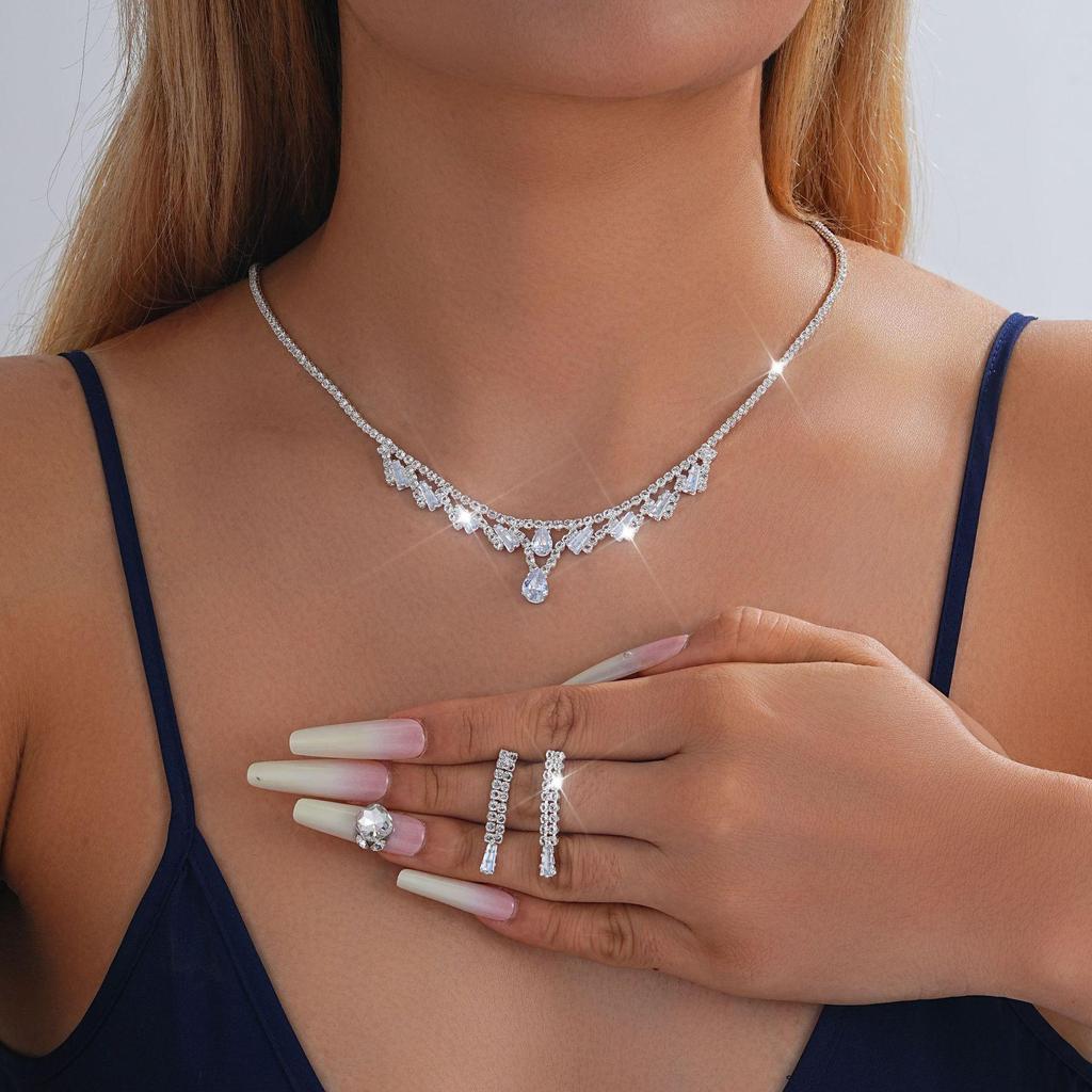 European-American Rhinestone Teardrop Necklace & Earring Set: Korean-Style Bridal Temperament Collarbone Chain Jewelry for Women