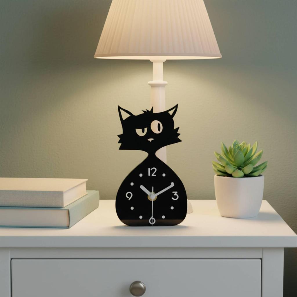 CatShaped Clock Cat Desk Glossy Finish Home Decor for Desktop