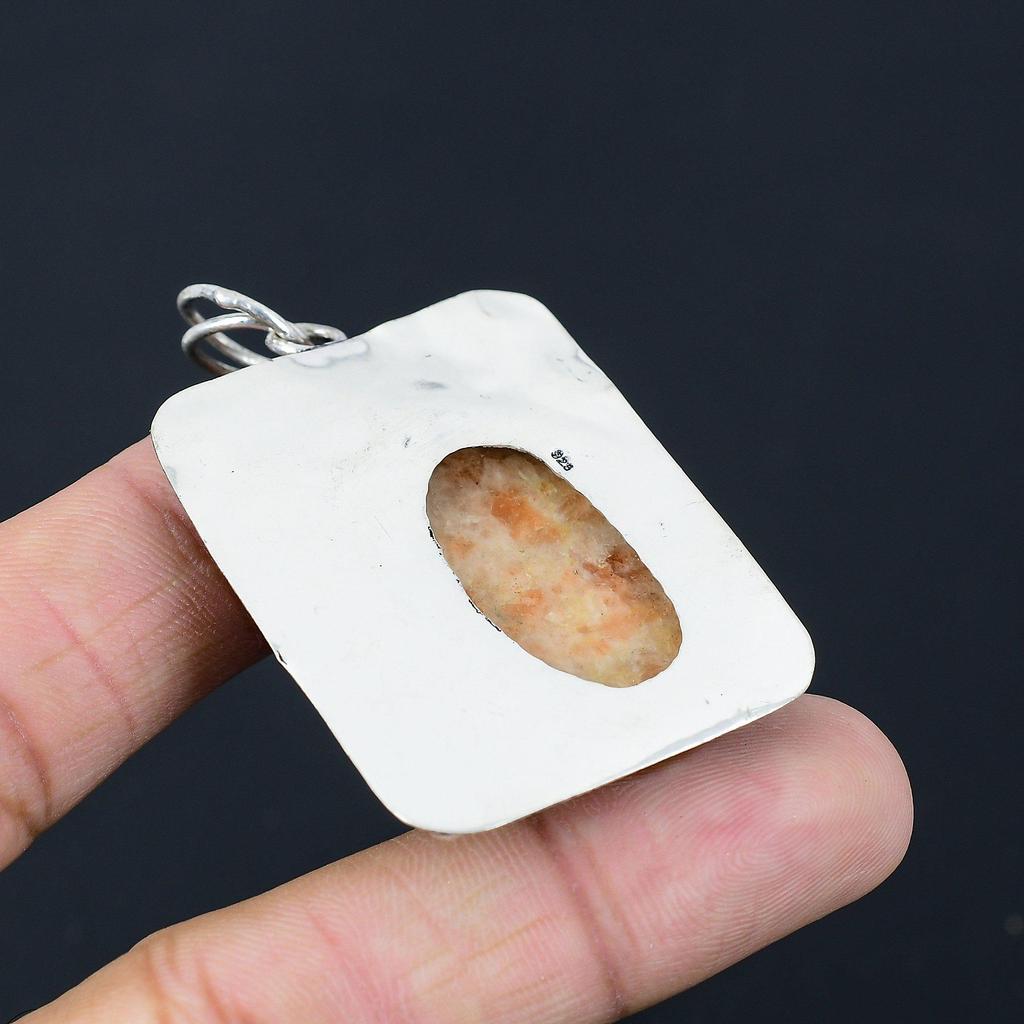 Colgante de Piedra Solar Natural Hecho a Mano Plata de Ley 925 Joyería India