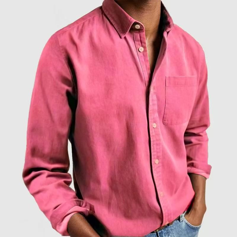 Men's Solid Color Long-Sleeve Shirt Jacket for Spring and Autumn with Turn-Down Collar