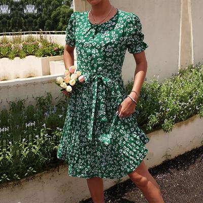Módní květinové tištěné šaty, letní pásek, šněrování, zelené šaty, ležérní záhyby, výstřih do O-kroju, skládané šaty, elegantní ženské šaty 26013