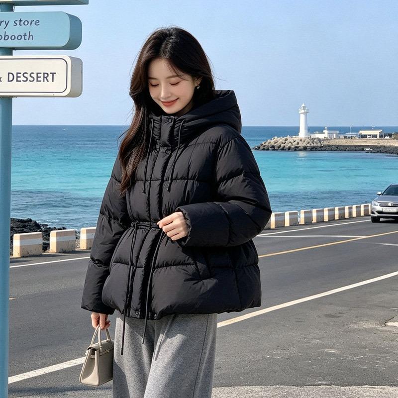 Waist puff down jacket women's new white duck down warm light hooded drawstring thin coat tide