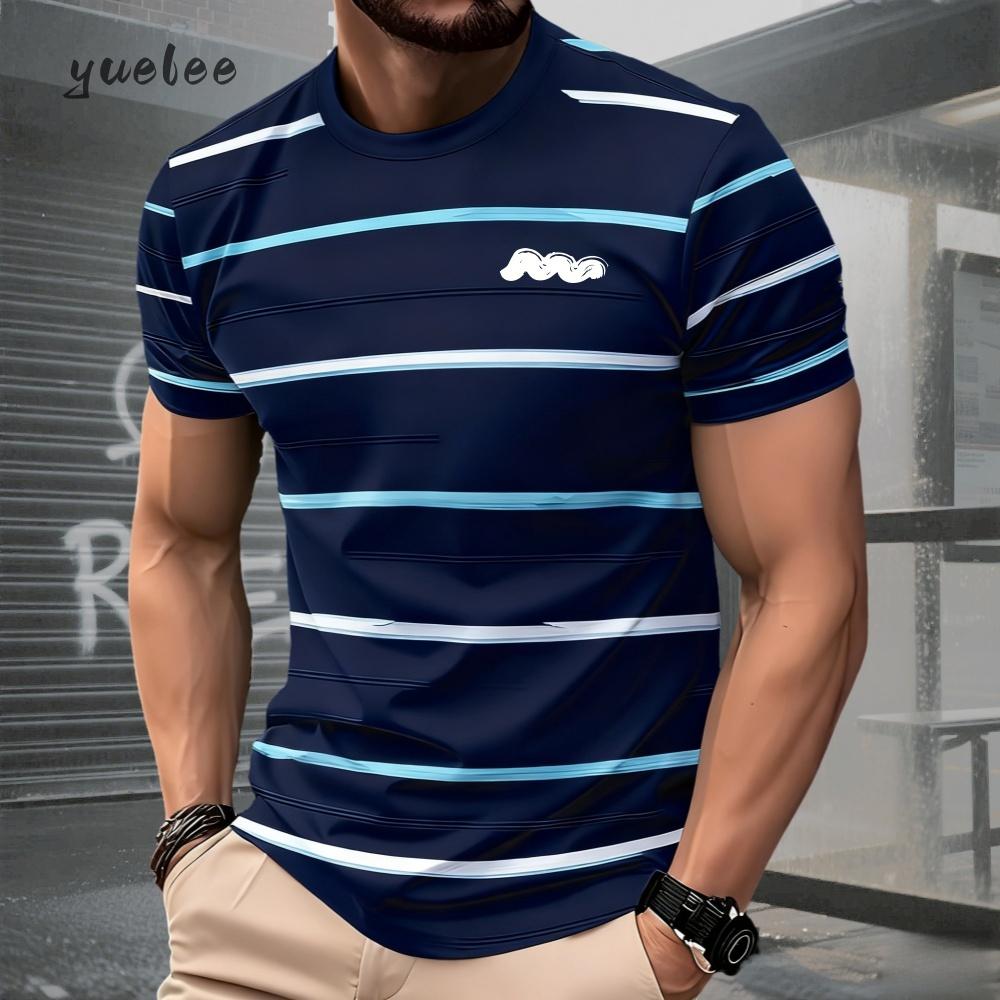 Summer men's fashion striped printed men's knitted shirt, simple plus size men's clothing, versatile O-neck men's short sleeved T-shirt