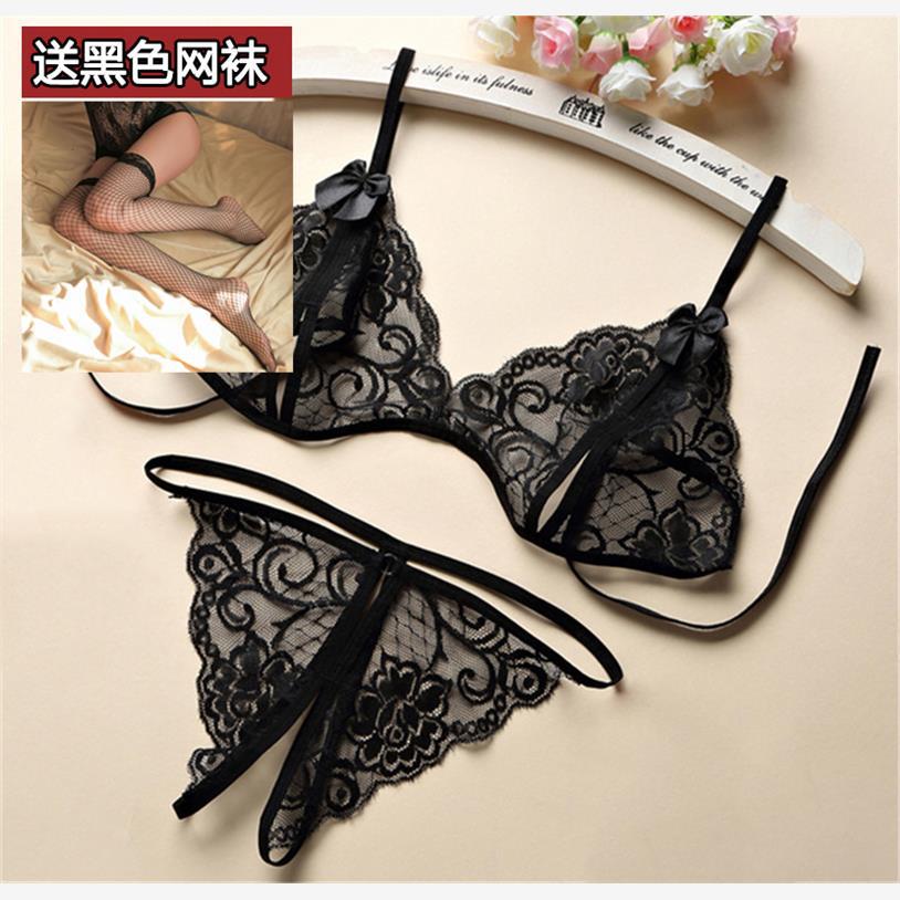 Open crotch free three-point two-piece set erotic lace underwear panties female sexy passion thong