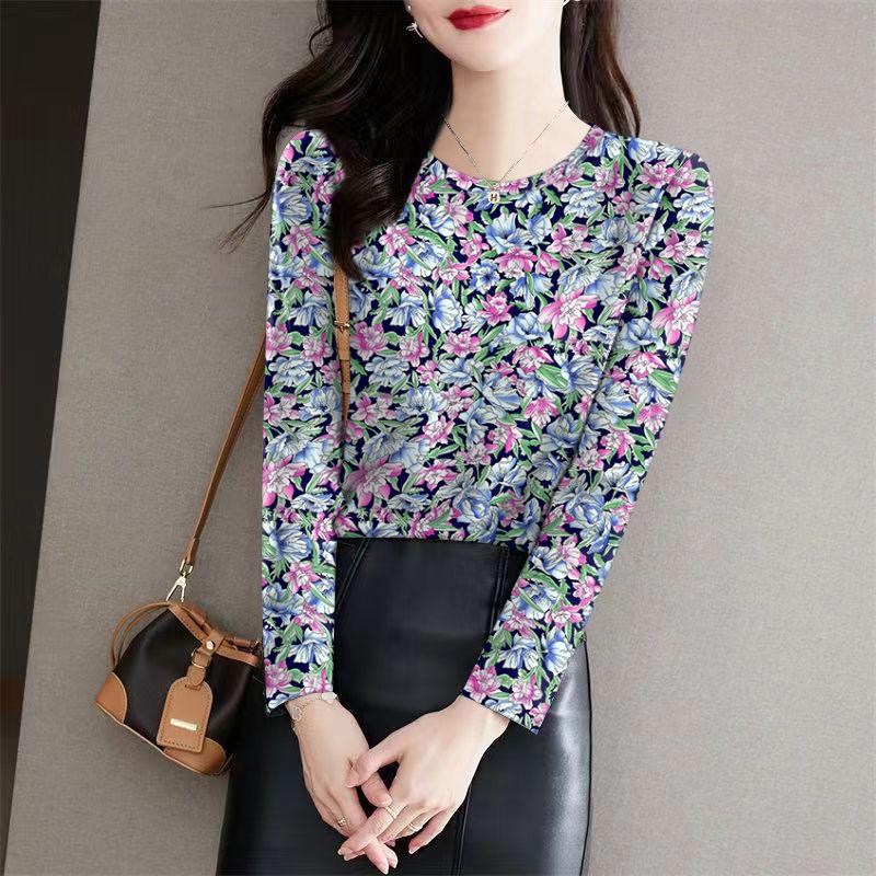 

Women s Floral Print Milk Silk Long-Sleeve T-Shirt, Slimming Round Neck Base Layer for Autumn/Winter 2XL