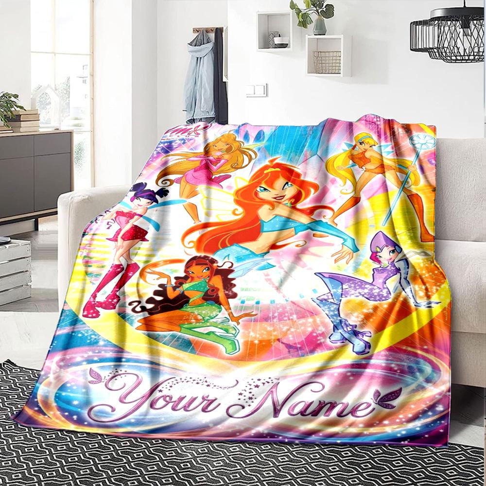 Name Custom Winx Club Cartoon Print Flannel Blanket High Quality Warm Comfortable Cover for All Seasons Perfect for Gifts Home Decor
