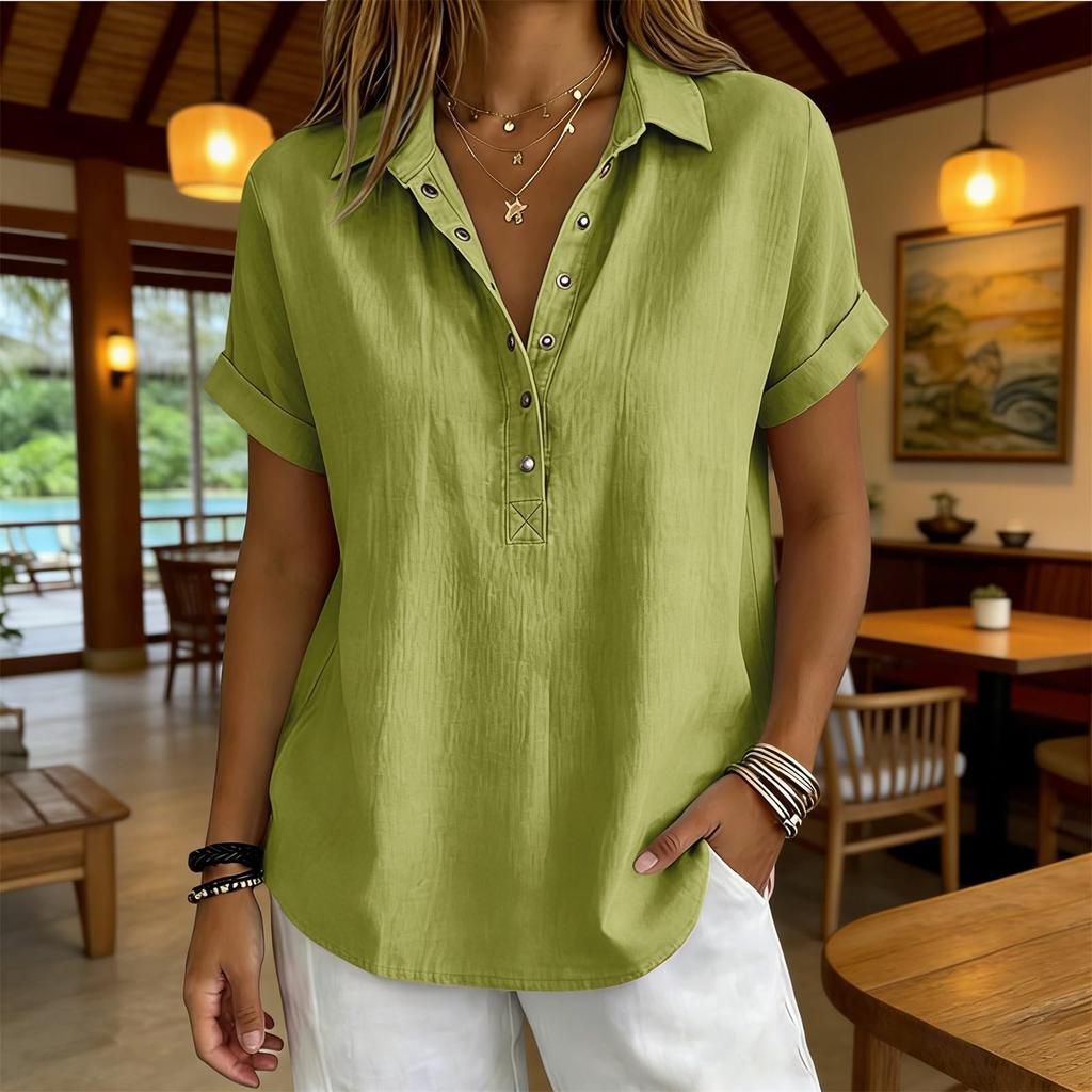 Womens Loose Fit V Neck Blouse Casual Cotton Linen Short Sleeve Shirt Button Down Lightweight Top for Daily Wear