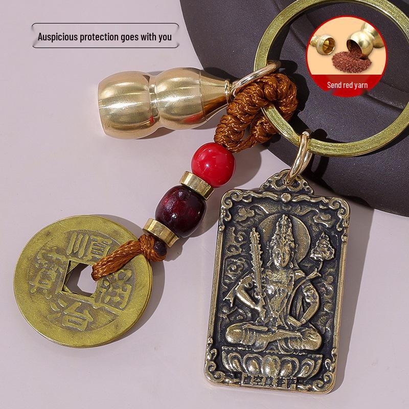 Brass Zodiac Amulet Keychain: Eight Guardian Gods with Hollow Copper Gourd Pendant