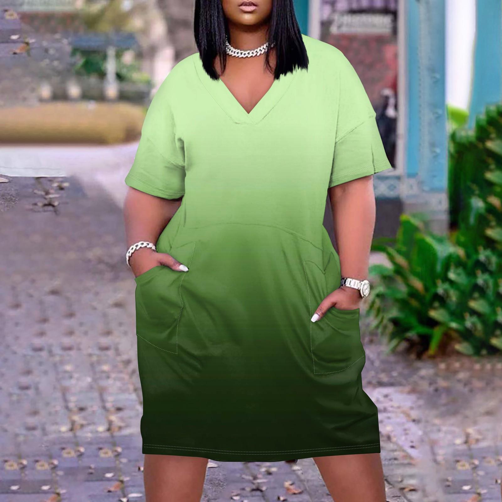 

Лето плюс размер V-образным вырезом с коротким рукавом и карманом до колена с градиентным принтом повседневное платье для женщин XXXXXL зелёный