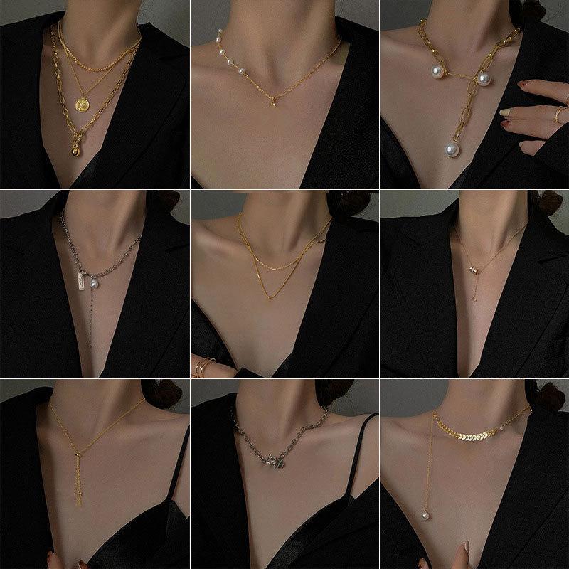 Minimalist Titanium Steel Clavicle Necklace with Pearl Pendant for Women - Versatile Cold Style Fashion Jewelry