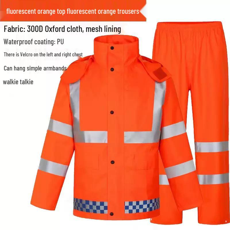 Men's Orange Raincoat & Pants Set with Reflective Strips for Construction and Cleaning