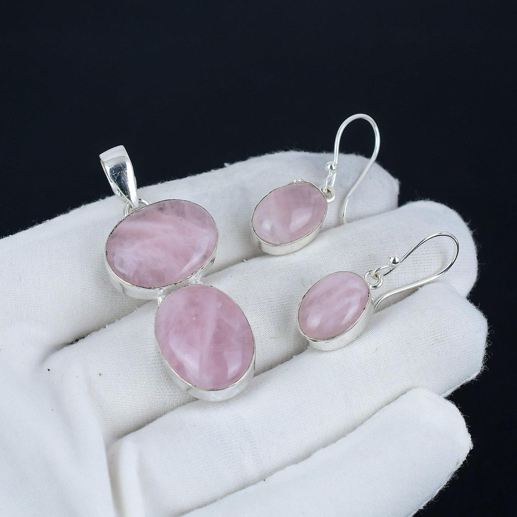 Přírodní sada přívěsku z růženínu, ručně vyrobená sada náušnic a přívěsku z drahokamu růženínu ze sterlingového stříbra 925 pro ženy, dárkové balení