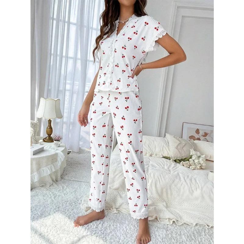 Lace Trim Women Pajama Set Short Sleeve Front Button Top Full-Length Pants Cherry Print 2 Pieces Sleepwear Nightwear Homewear
