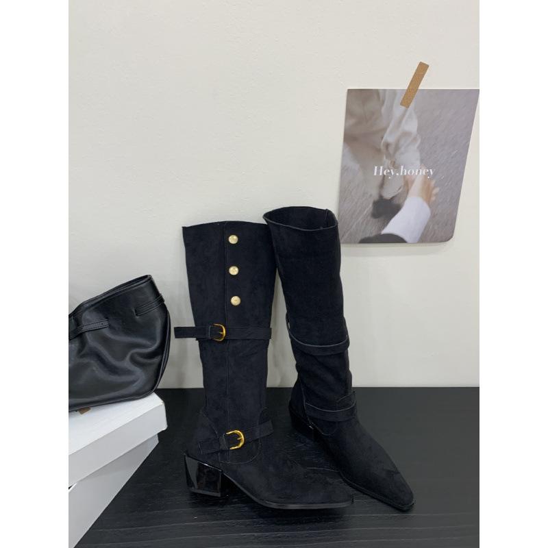 2025 Autumn and Winter New Suede Western Button Stacking Boots Women's Square Head Thick Heel Heel Knight Boots