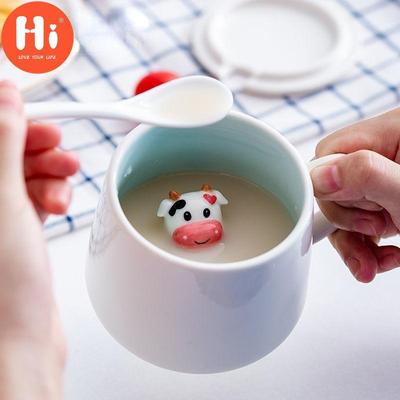 Olá, caneca de cerâmica criativa com tampa, colher, fofa, feminina, coreana, água, café da manhã, casal, leite, café, chá
